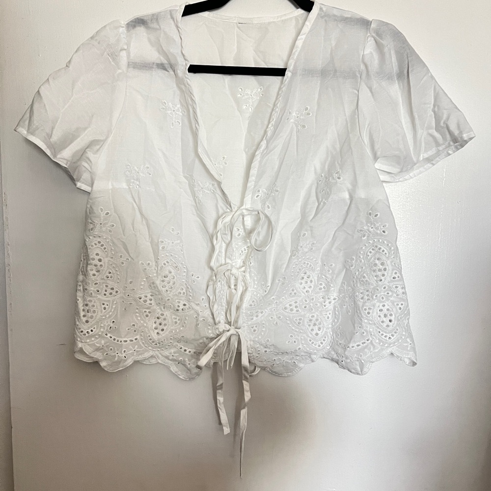 White Lace-Trim Tie-Front Women's Top
